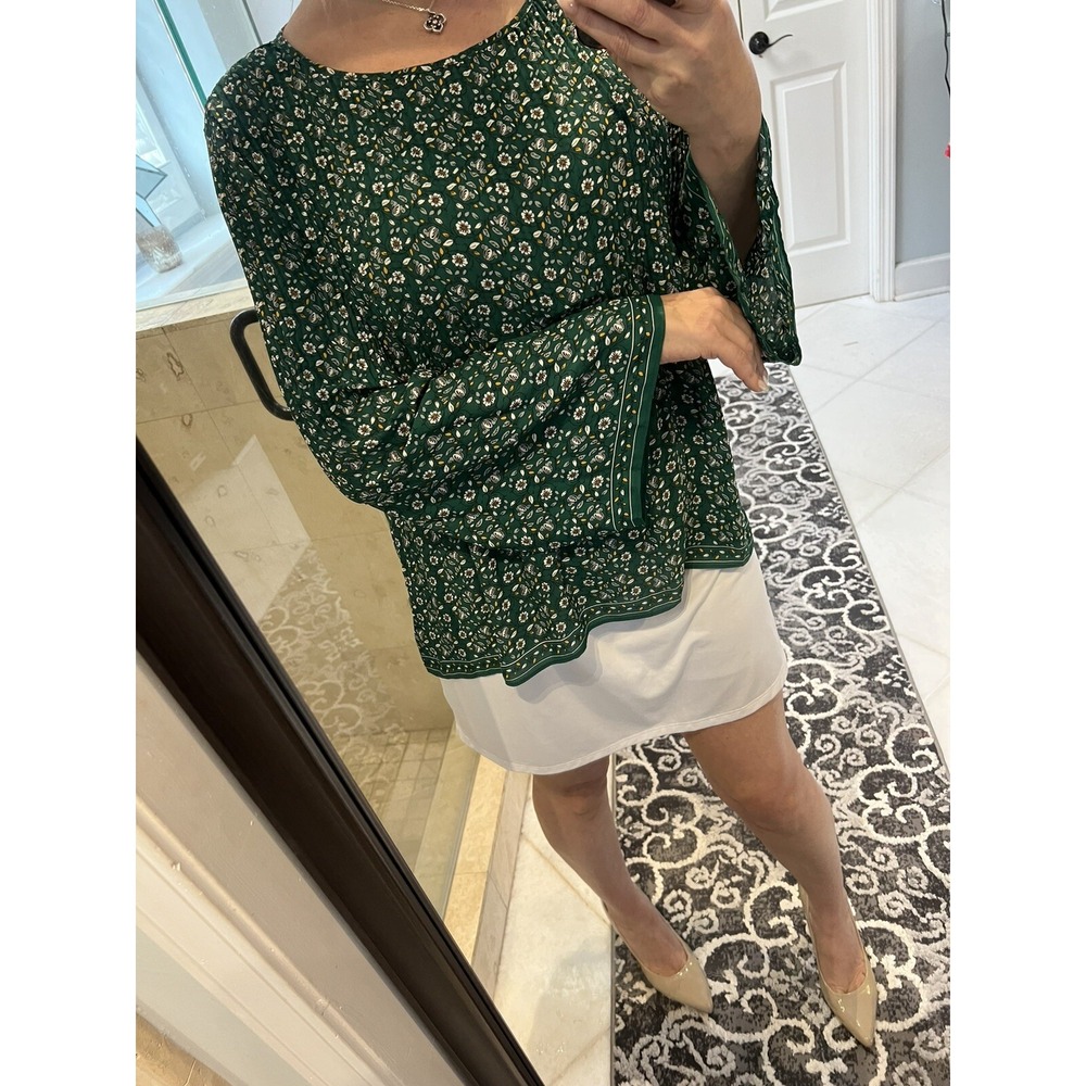 Max Studio Women Green Floral Long Sleeve Blouse XL Pleated Flare Hem Boho Top